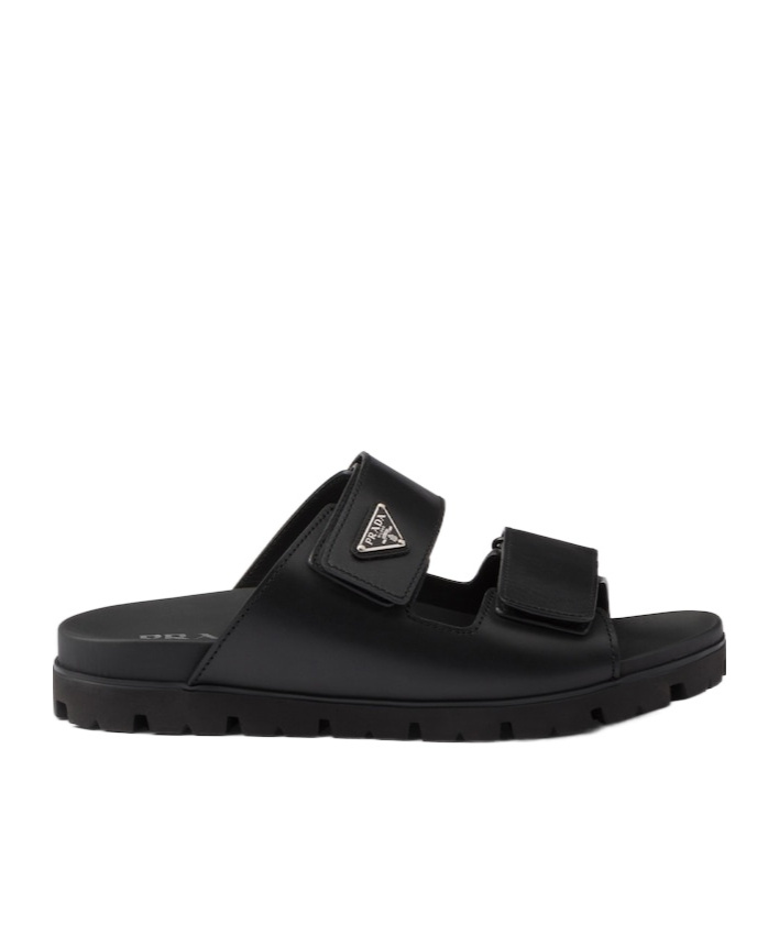 Prada Men Logo Plaque Leather Slides In Black