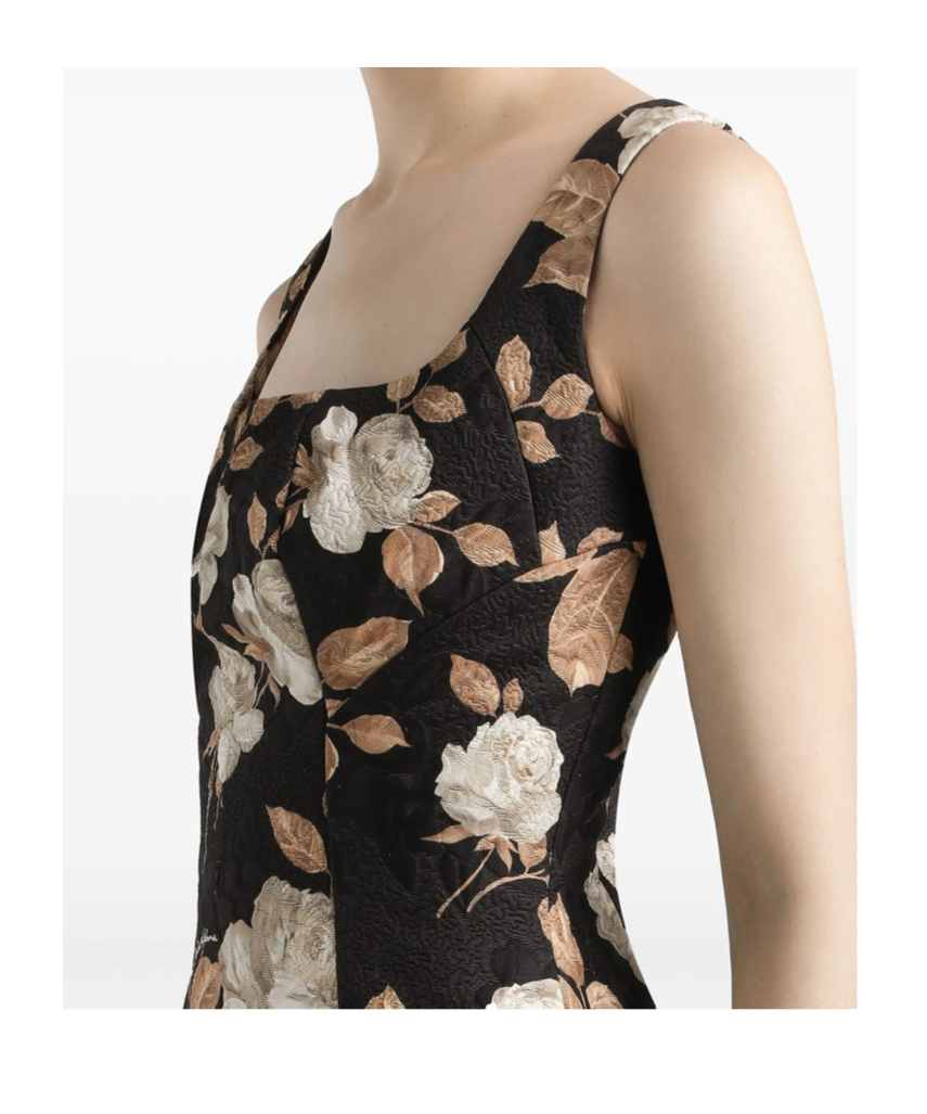 Dolce & Gabbana Rose-print Square-neck Midi Dress In Black