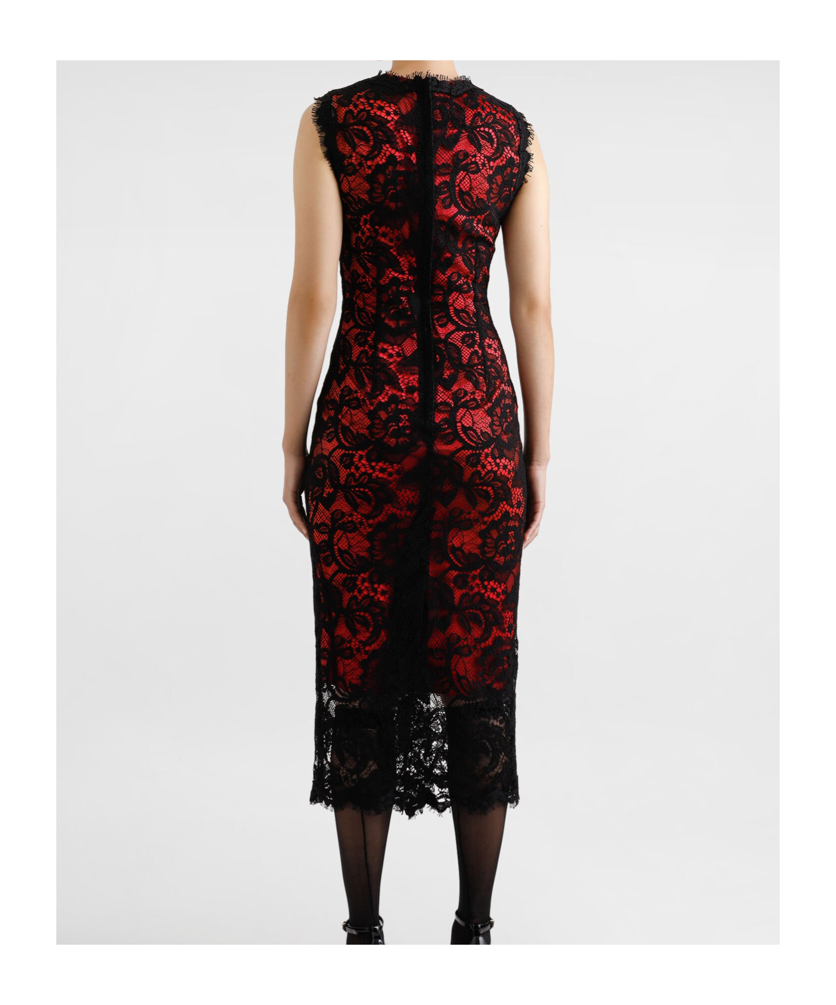 Dolce & Gabbana Calf-length Floral Lace Sheath Dress With Contrasting Lining In Black