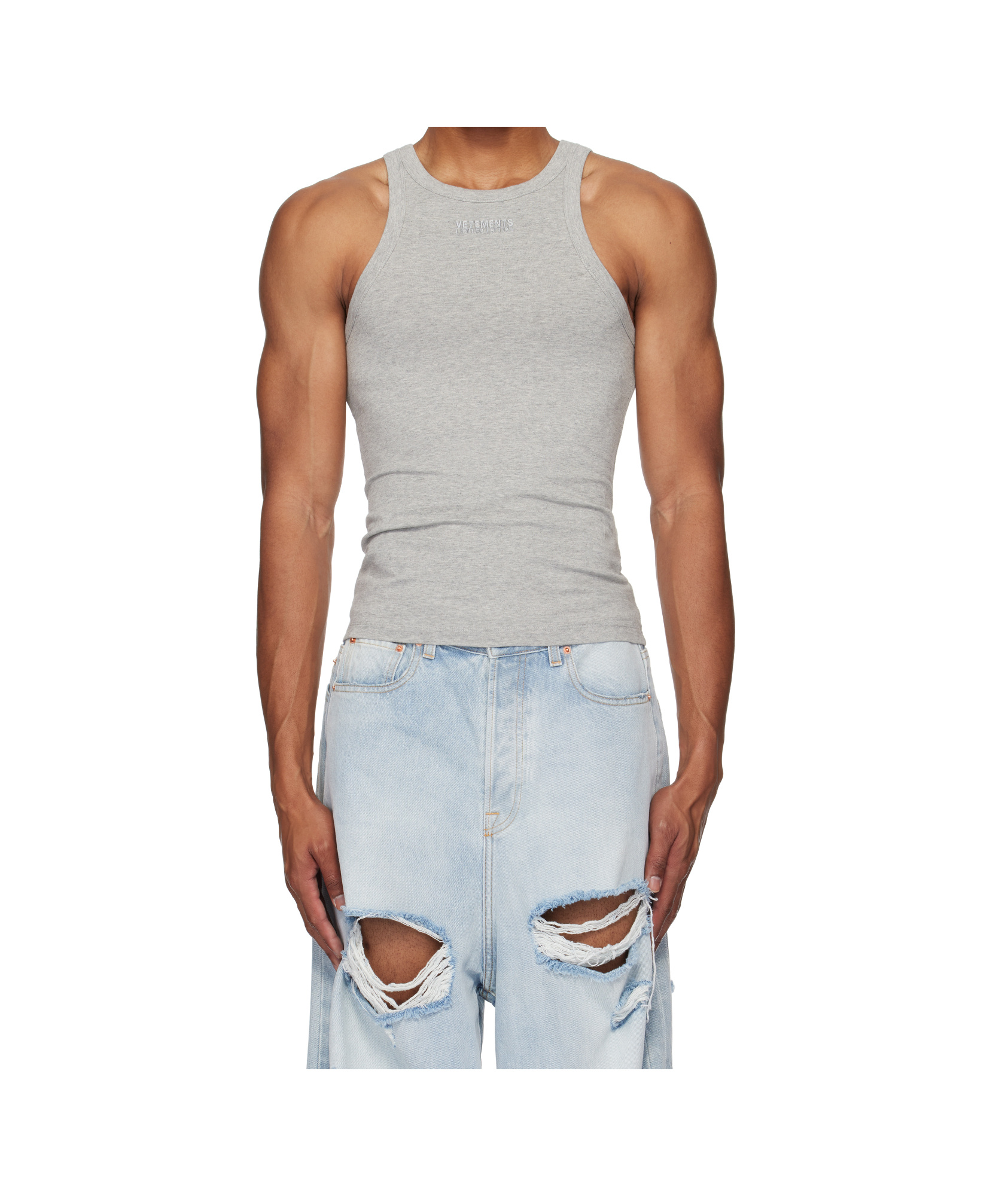 Vetements Gray Embroidered Logo Tank Top In Gray