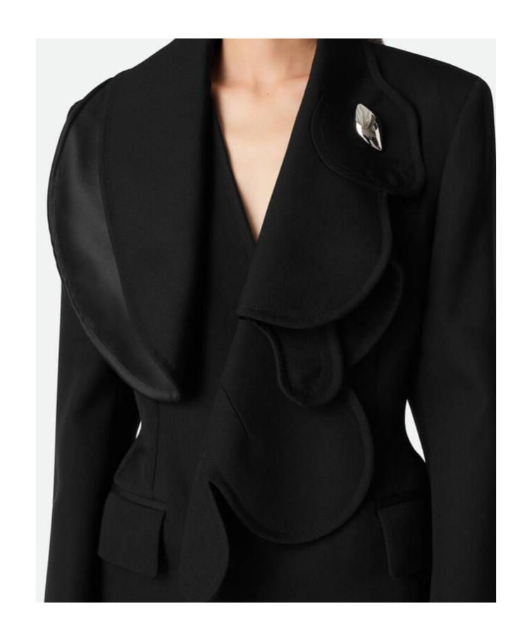 Bottega Veneta Bunny Lapel Brooch Compact Wool Jacket In Black