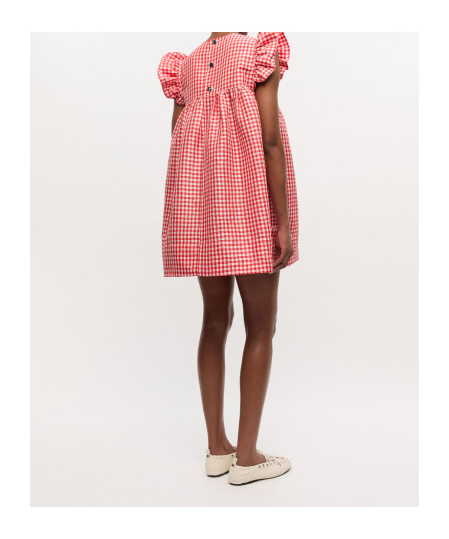 Ganni Red Crinkled Check Taffeta Dress