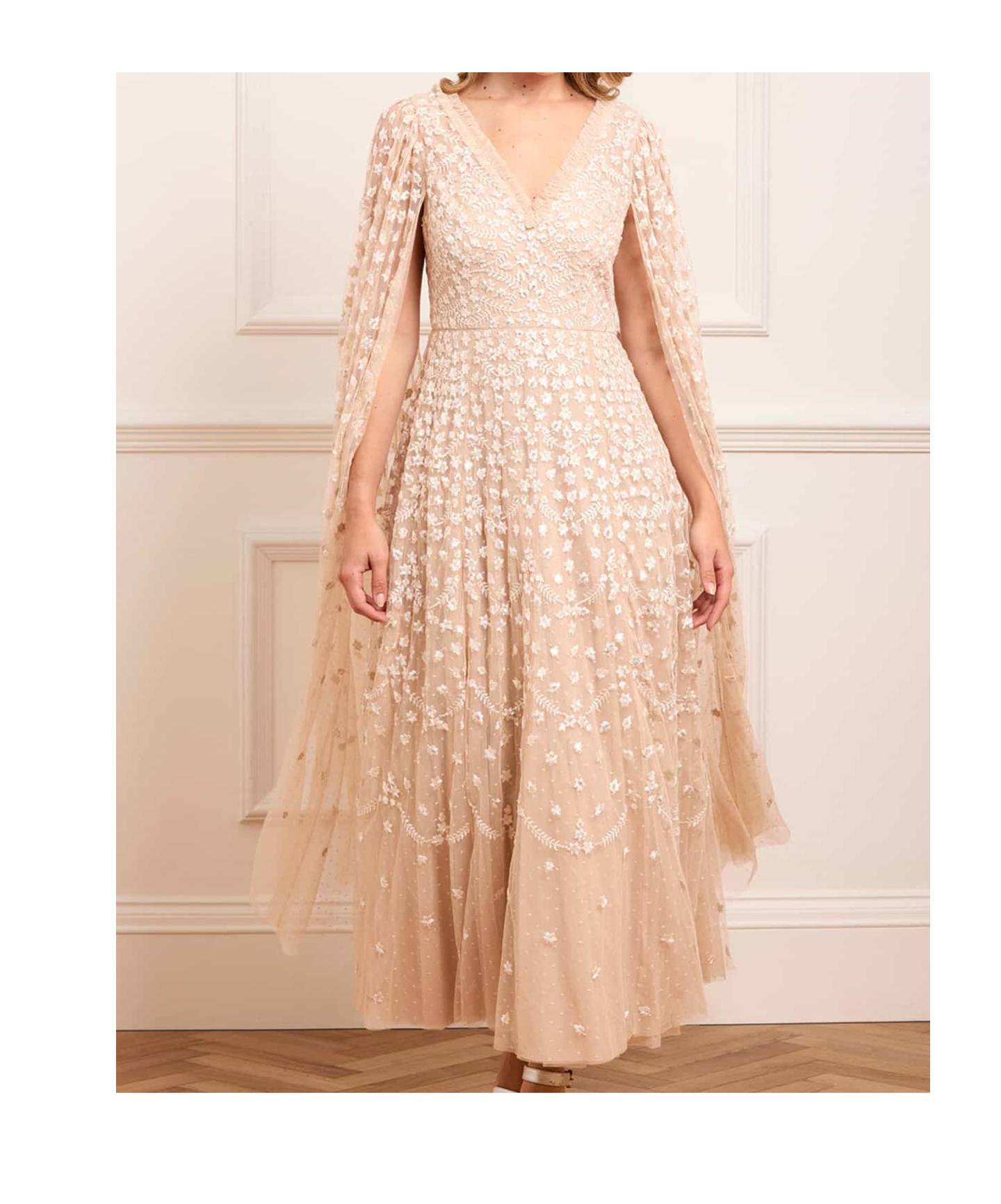 Needle & Thread Clover Cape Sleeve Ankle Gown In Gold