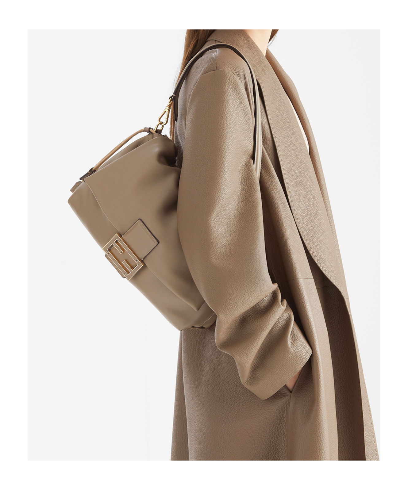 Fendi Large Baguette Shoulder Handle Clasp Flap In Nude