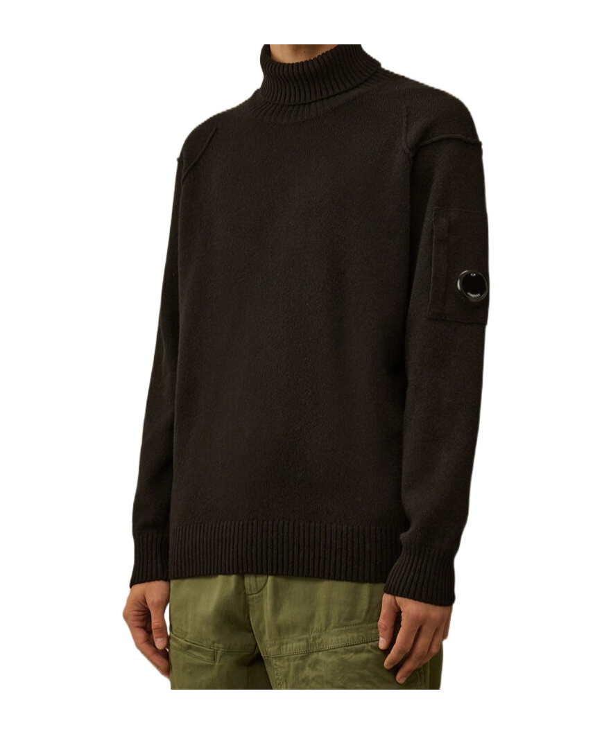 C.p. Company Lambswool Turtleneck With Ribbed Detailing And Lens Pocket In Black