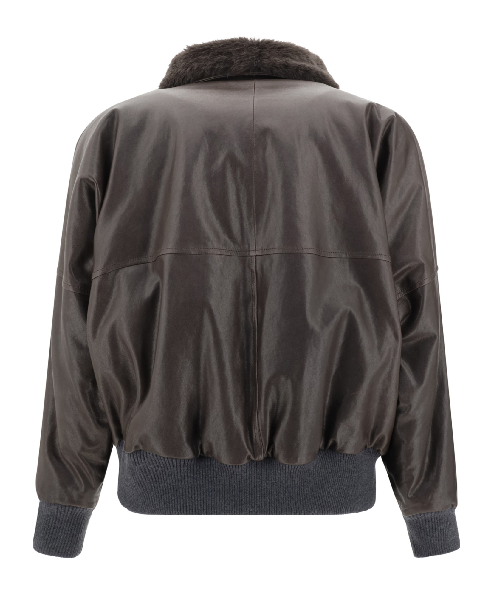 Brunello Cucinelli Shearling Collar Leather Jacket Women In Brown