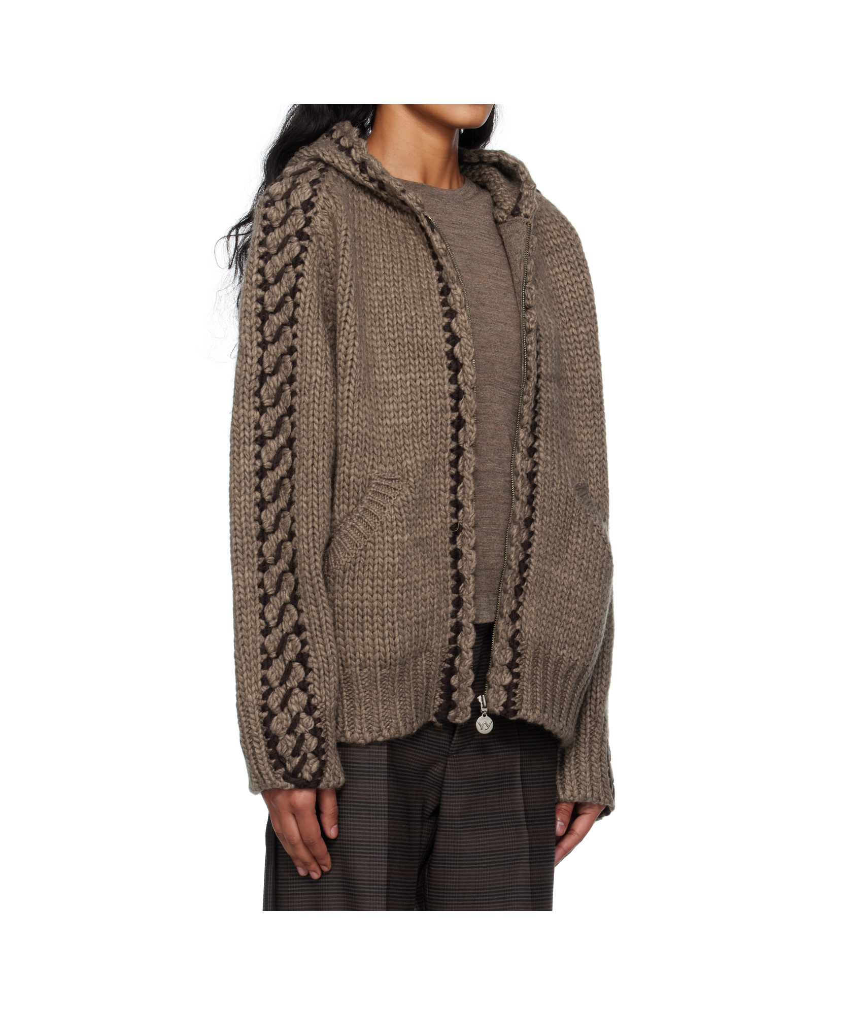 Open Yy Seam-stitched Zip-up Knit Hoodie In Brown