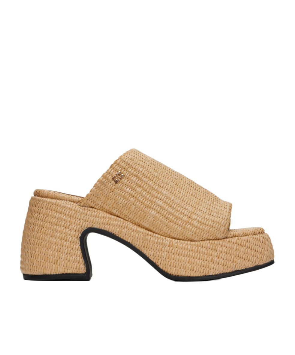 Ganni Butterfly Raffia Platform Slide Sandal In Nude