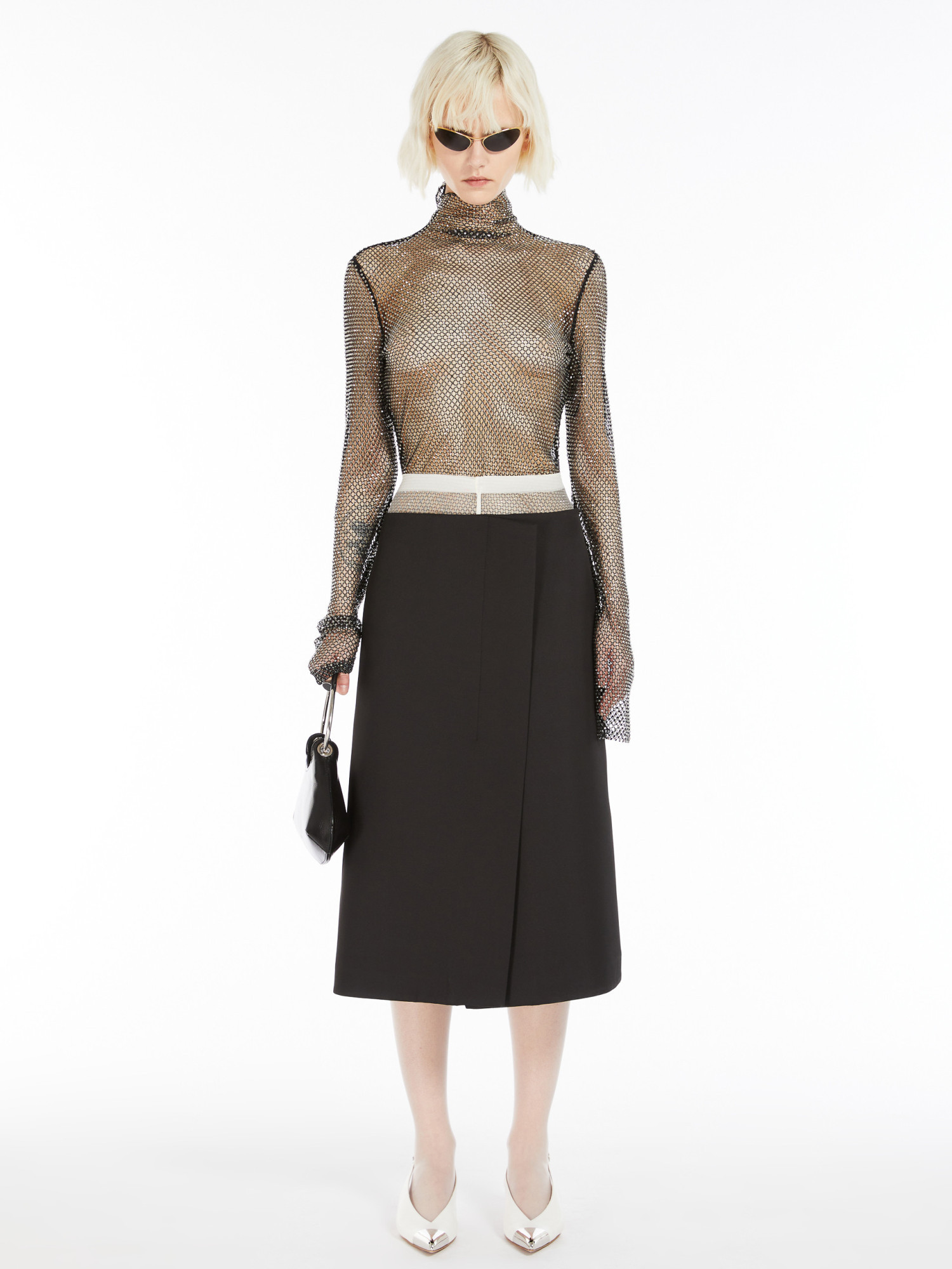 Sportmax Sheer Fishnet Long-sleeve Fitted Top With High Neck In Black