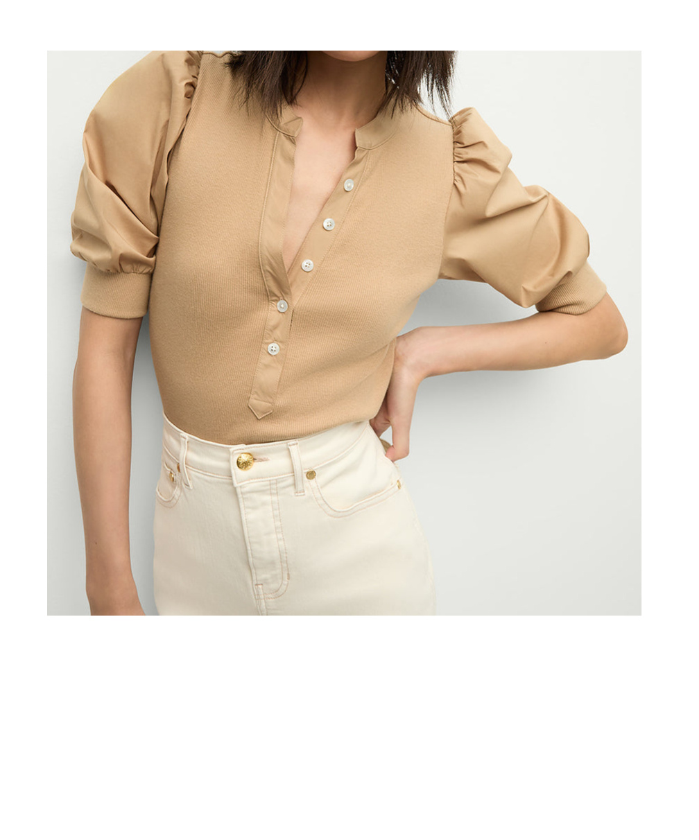 Veronica Beard Coralee Ribbed Pima Cotton-blend Jersey And Poplin Top In Khaki