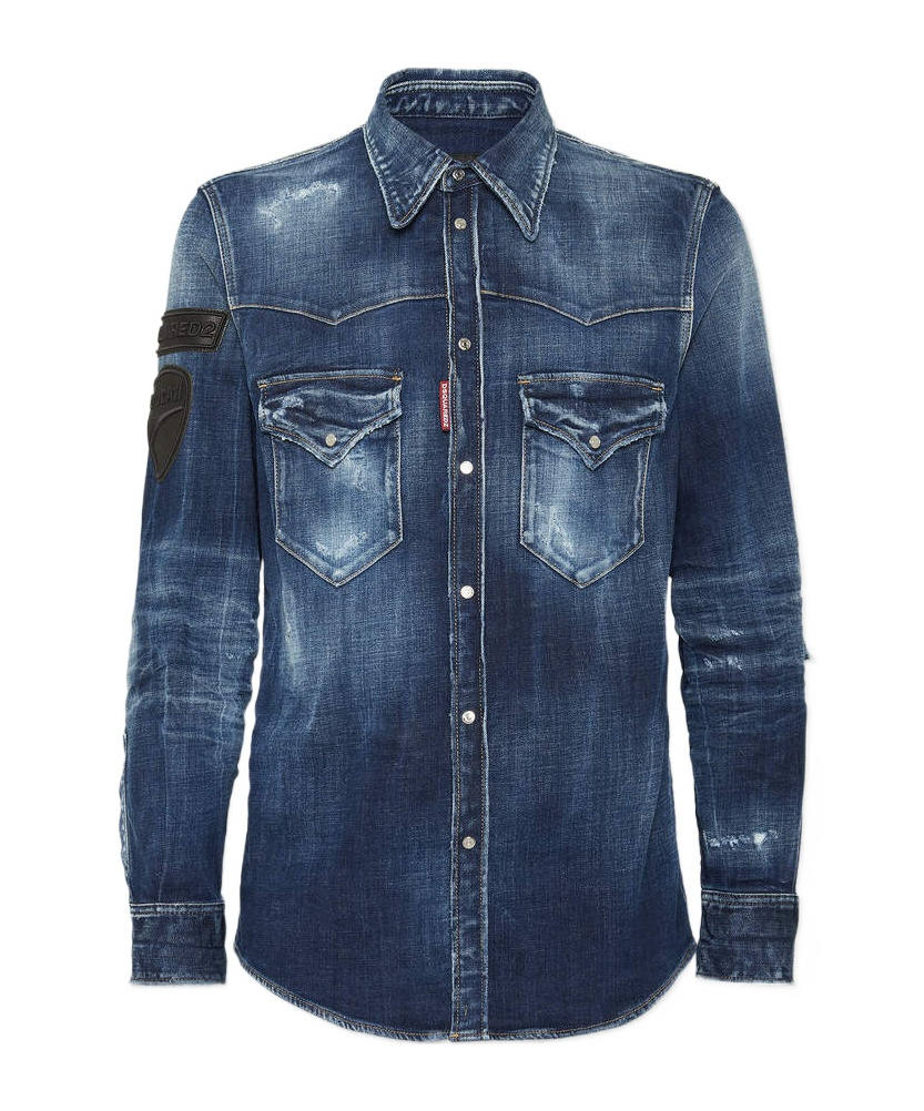 Dsquared2 X Ducati Denim Fashion Distressed Western Shirt In Blue