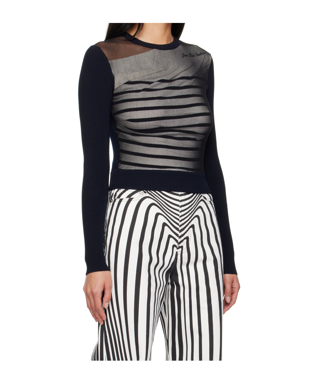 Jean Paul Gaultier Ribbed Mariniere Mesh-layer Crewneck Sweater In Black