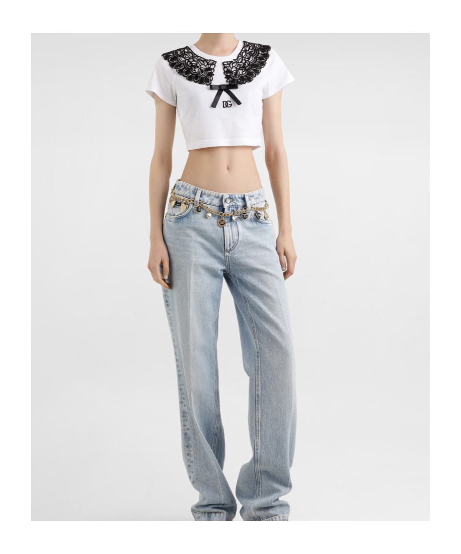 Dolce & Gabbana Jersey T-shirt With Bow And Macramé Lace In White
