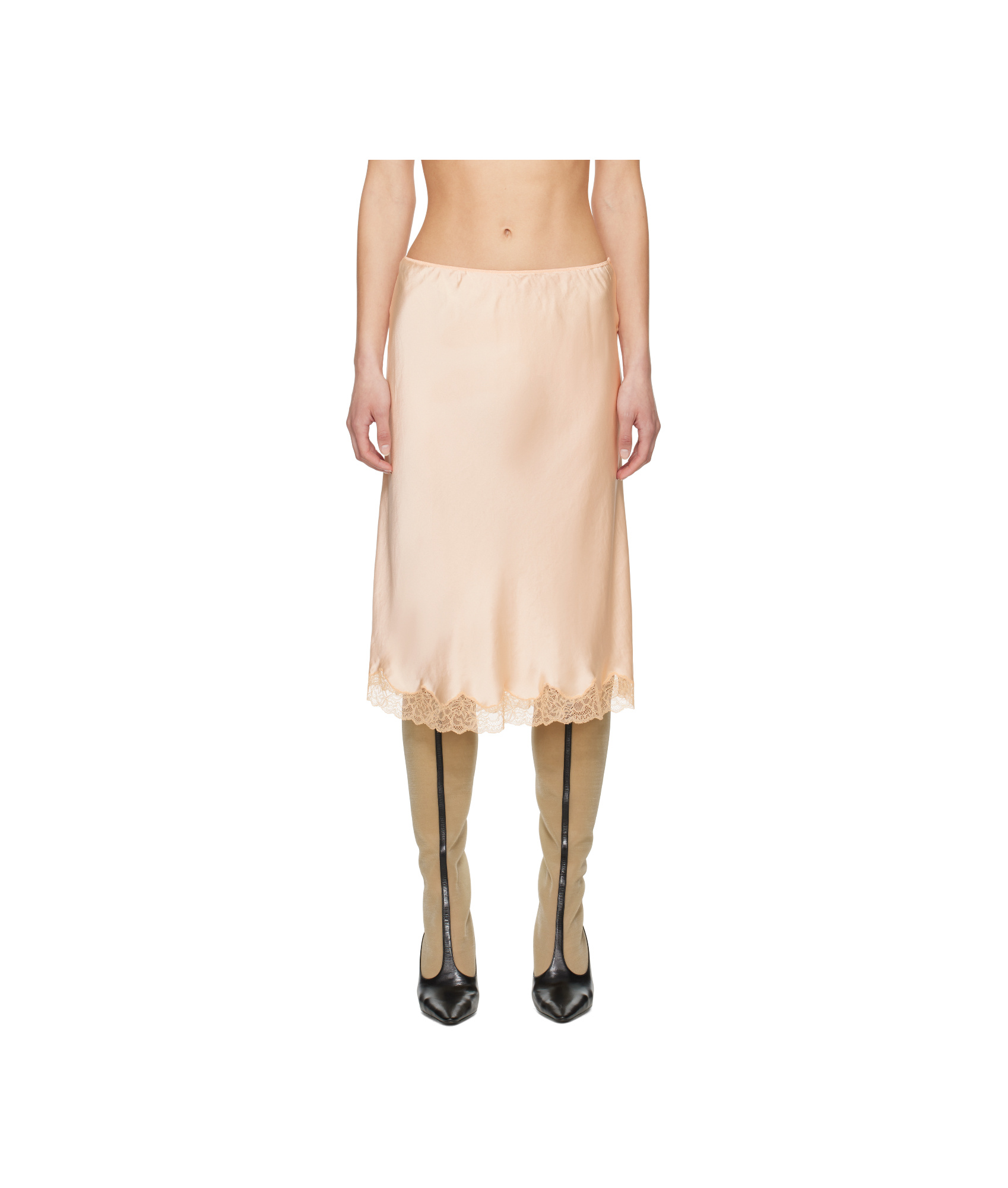 The Row Irene Silk Satin Midi Skirt W/ Lace In Nude