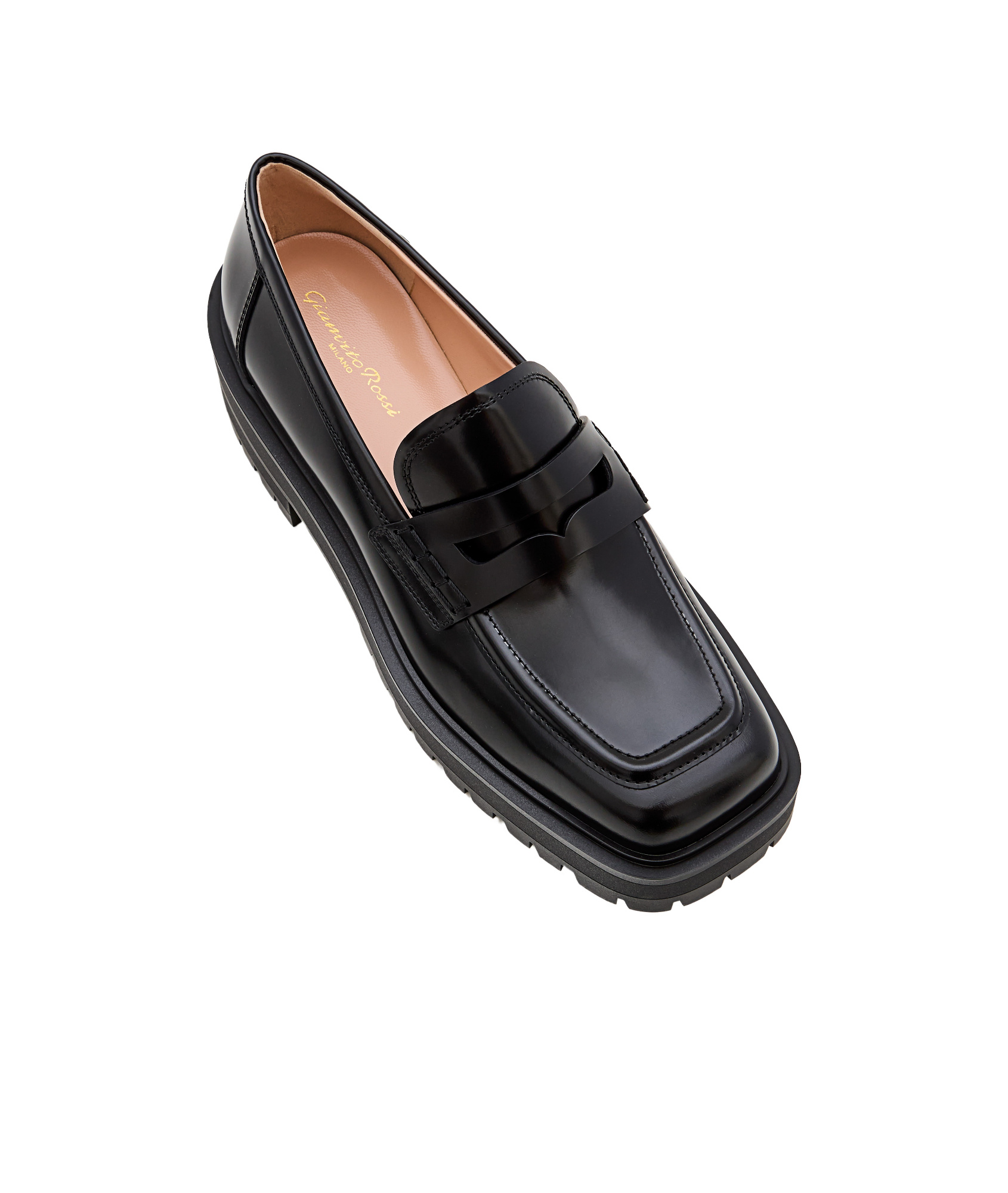 Gianvito Rossi Leather Chunky Sole Loafer Round Toe Glossy Finish In Black