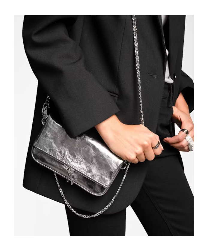 Zadig & Voltaire Rock Nano Vintage Effect Metallic Leather Clutch In Gray