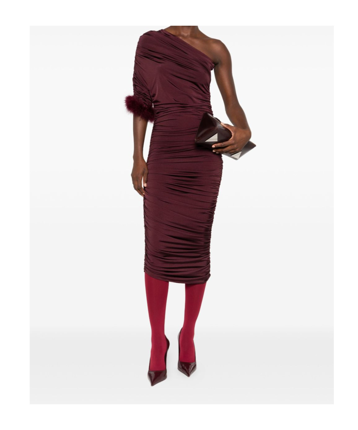 Mugler One Shoulder Feather Trim Ruched Midi Dress In Brown