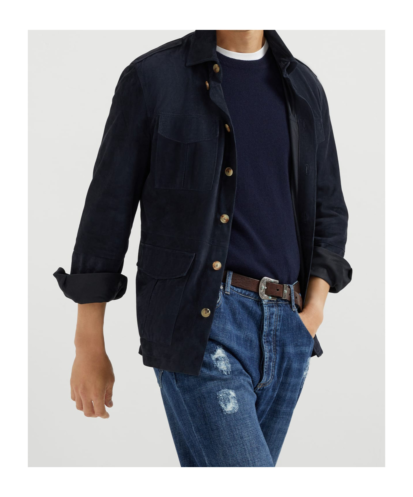 Brunello Cucinelli Suede Leather Shirt Jacket In Black