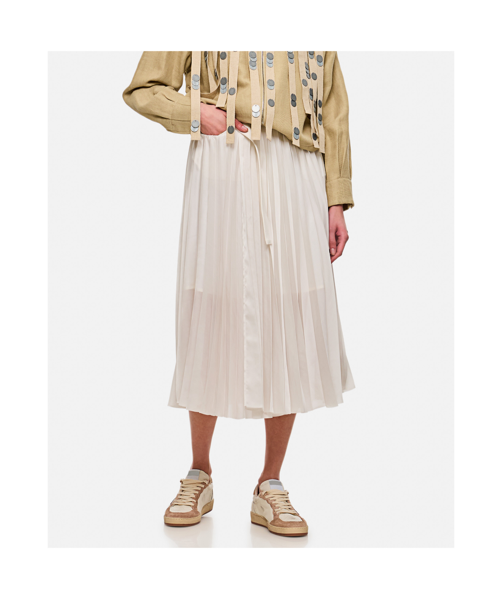 Sacai Belted Denim-trimmed Pleated Satin Midi Wrap Skirt In Nude