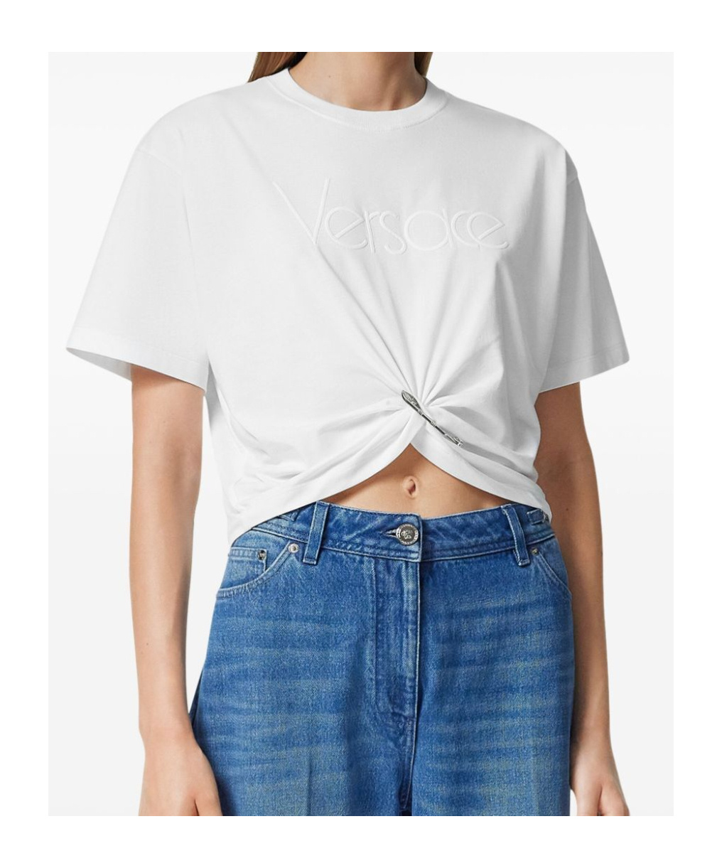 Versace Logo And Safety Pin Cotton T-shirt In White