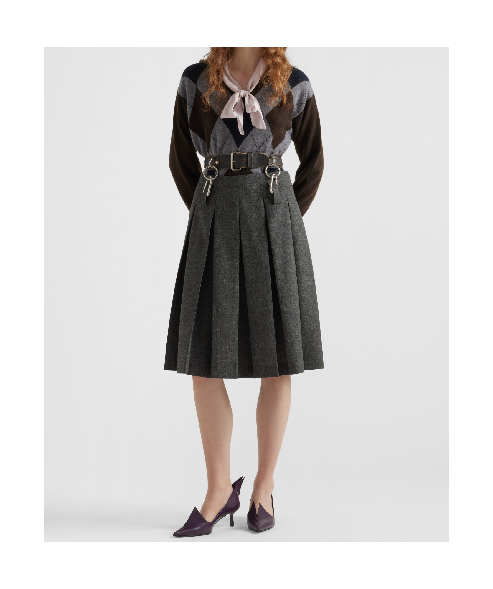 Prada Suspended Leather Belt Pleated Wool Skirt In Limestone Ash