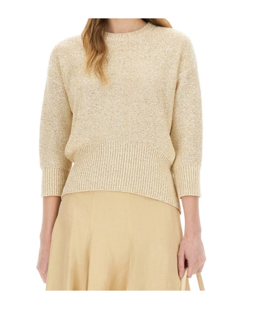 Fabiana Filippi Three-quarter Sleeve Cotton Jersey Top With Ribbed Hem In Beige