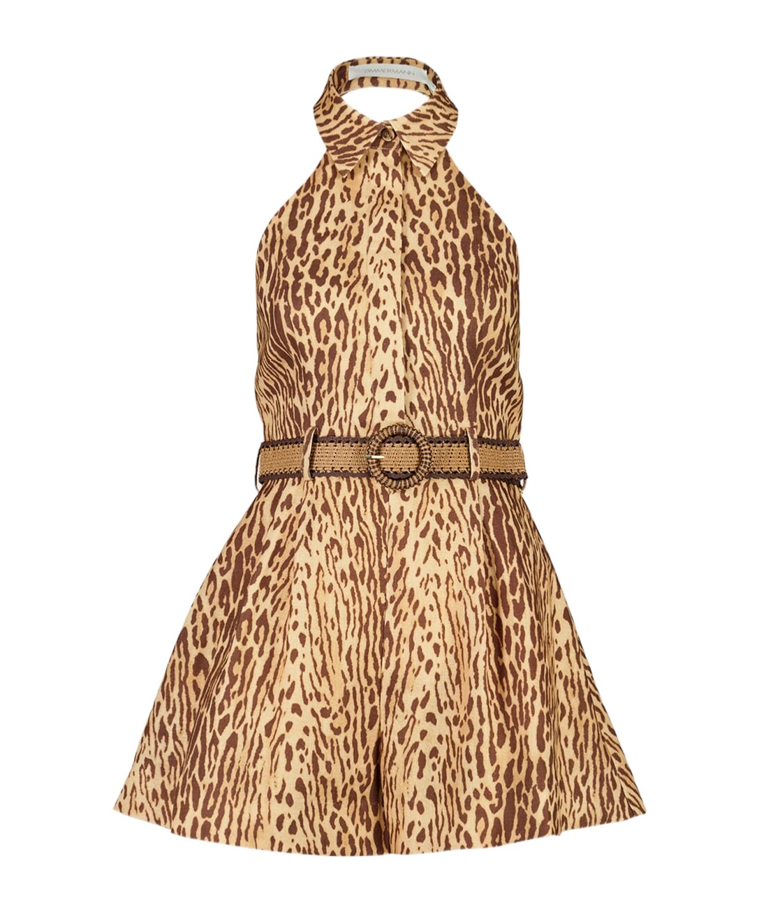 Zimmermann Tan Leopard Linen Halter Playsuit In Brown