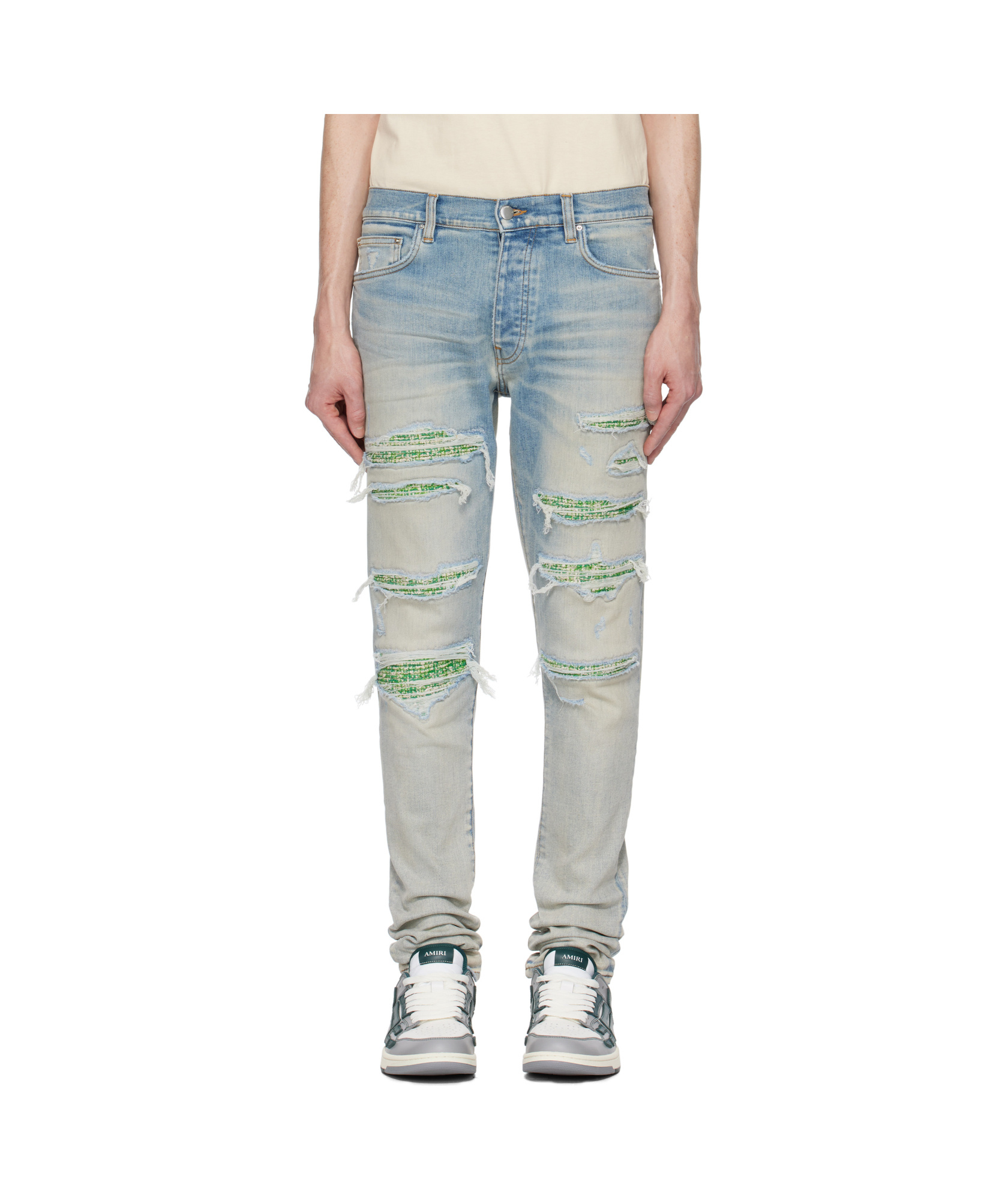 Amiri Distressed Stretch Denim Jeans With Faded Effect In Gray