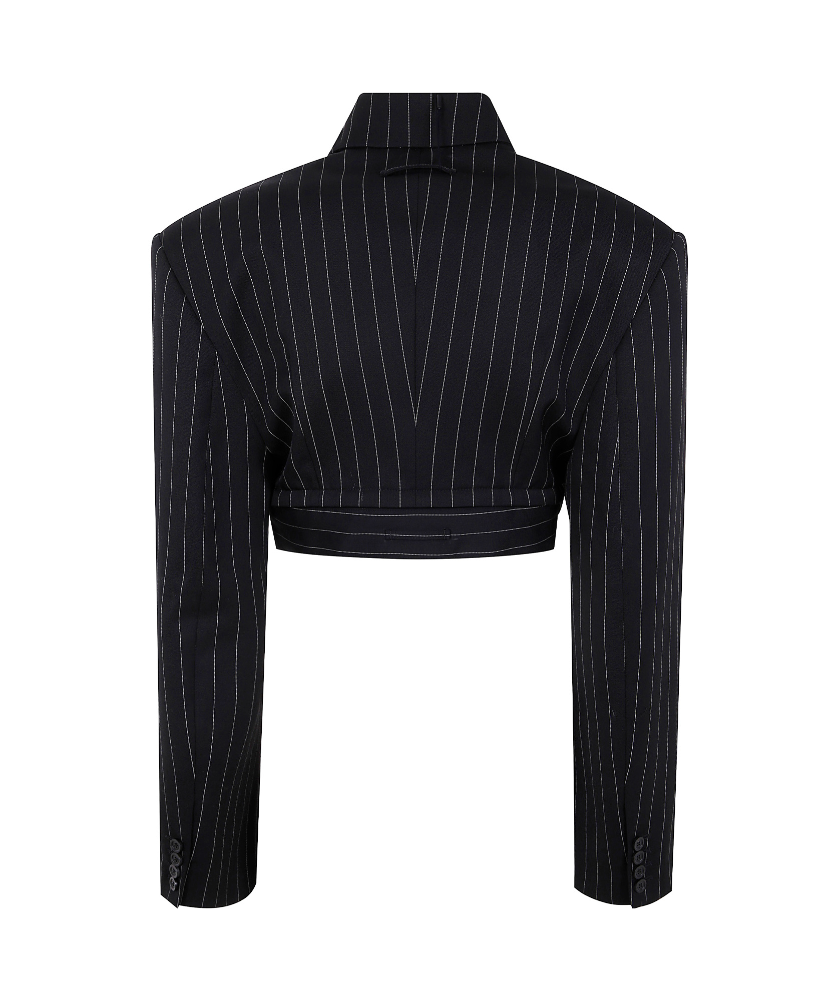 Jean Paul Gaultier Double-breasted Belted Cropped Pinstriped Wool-twill Blazer In Black