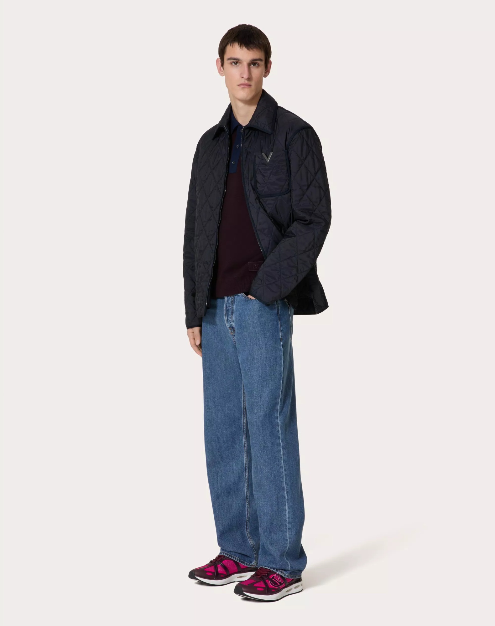 Valentino Quilted Nylon Shirt Jacket With Metallic V Detail In Black