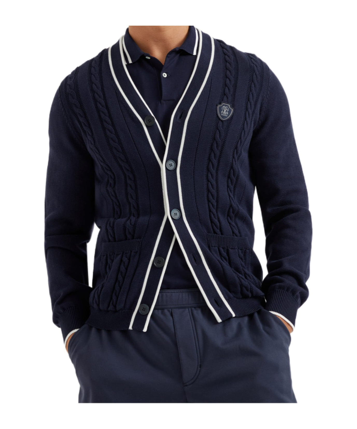 Brunello Cucinelli Cotton Knit Tennis Cardigan In Navy Blue