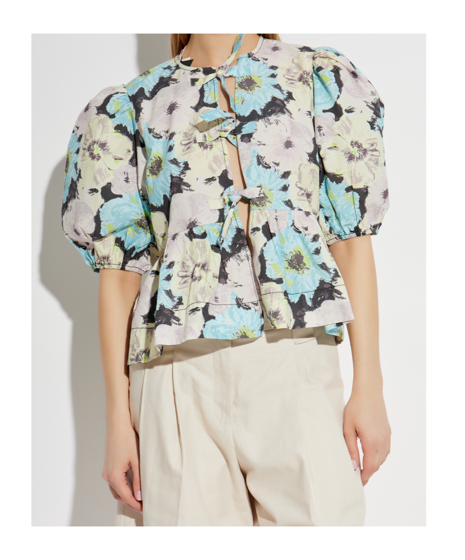 Ganni Floral Printed Cotton Peplum Blouse In White