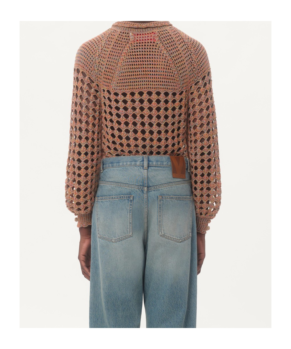 Valentino Openwork Sweater In Linen Blend In Brown