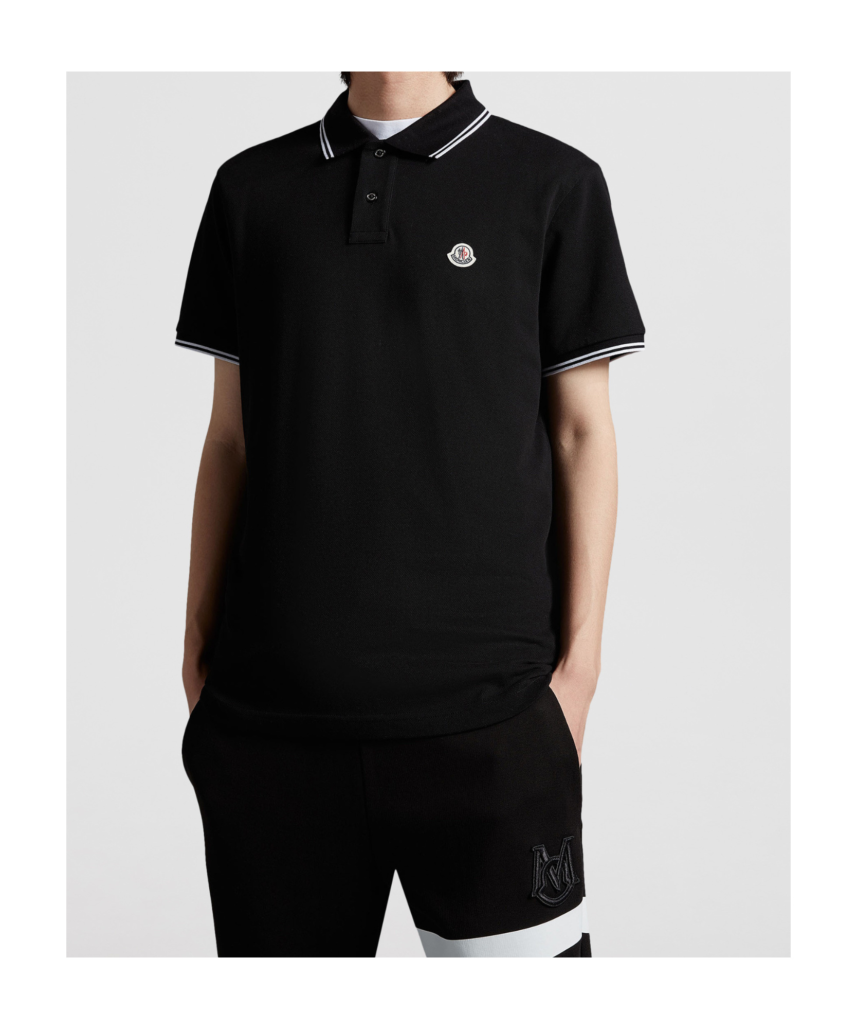 Moncler Navy Striped Trim Cotton Piquet Polo In Black