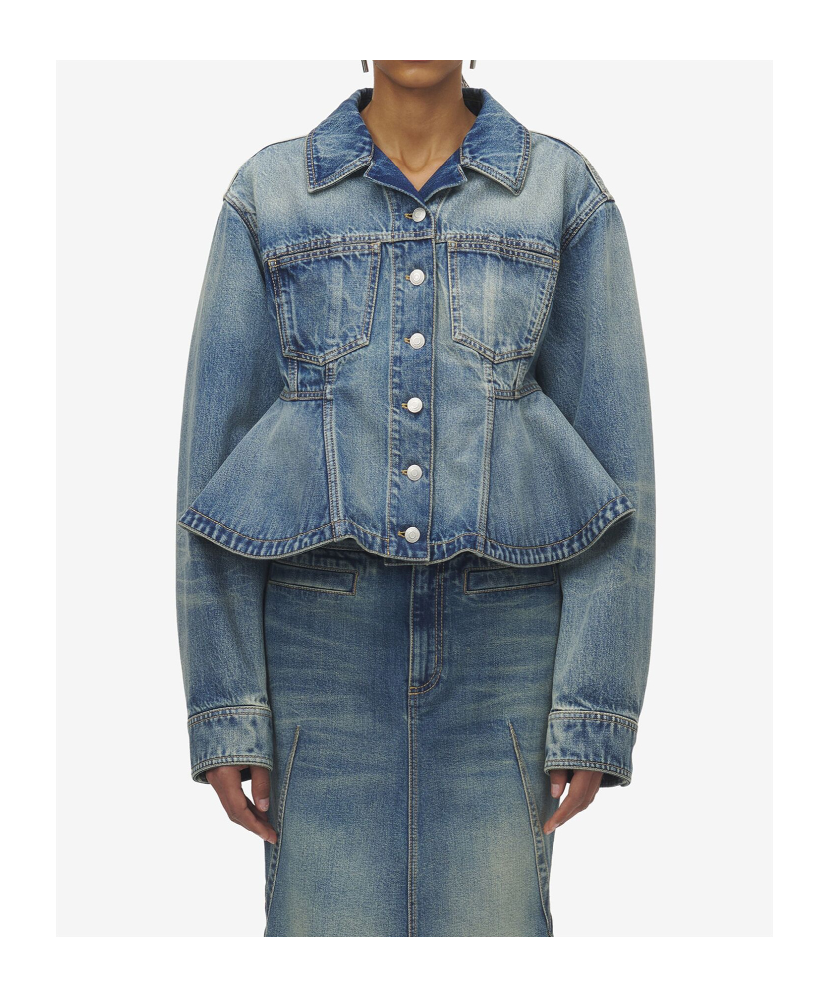 Alexander Mcqueen Stonewashed Denim Peplum Jacket In Blue