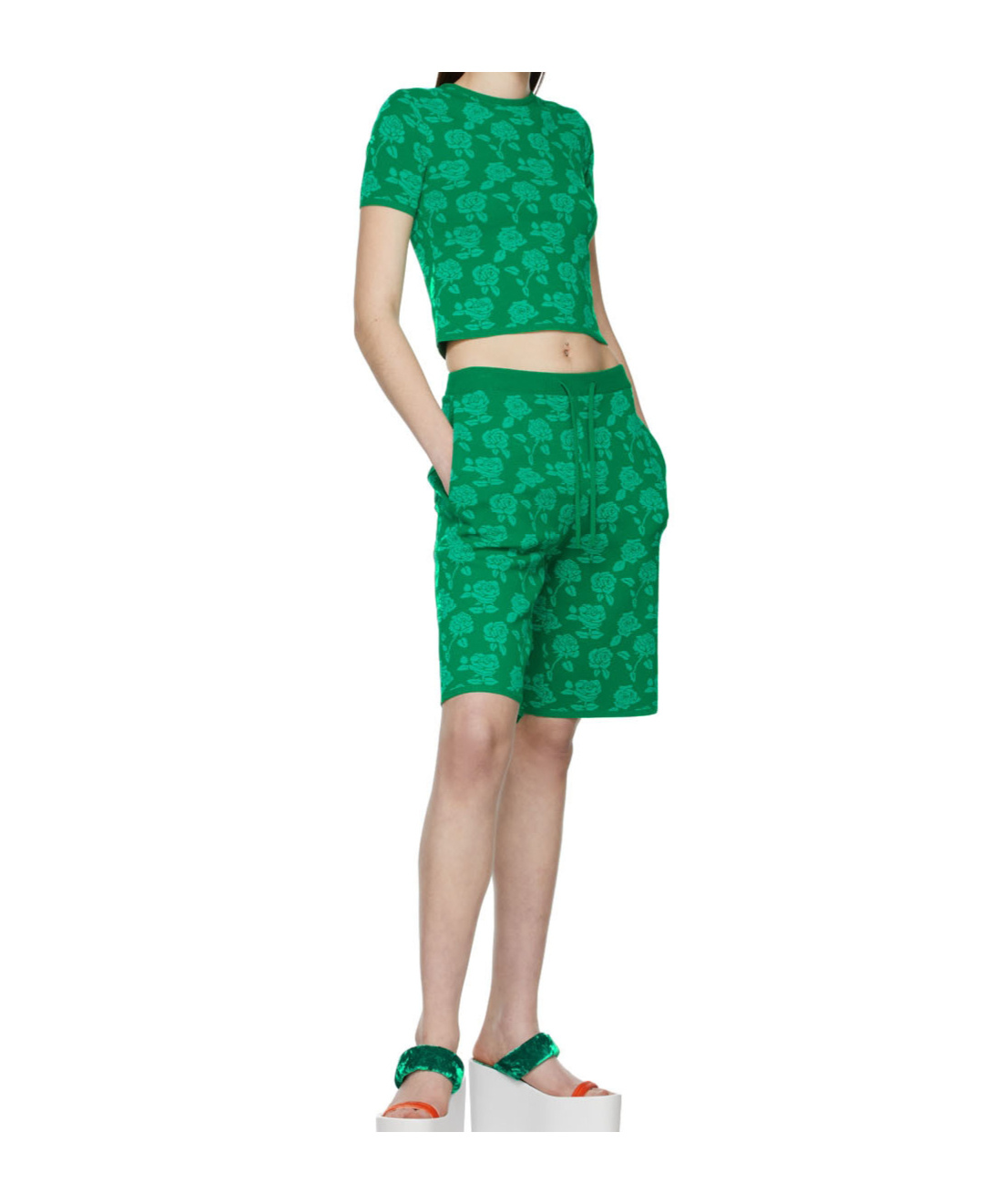 Pushbutton Rose Pattern Knitted Top In Green