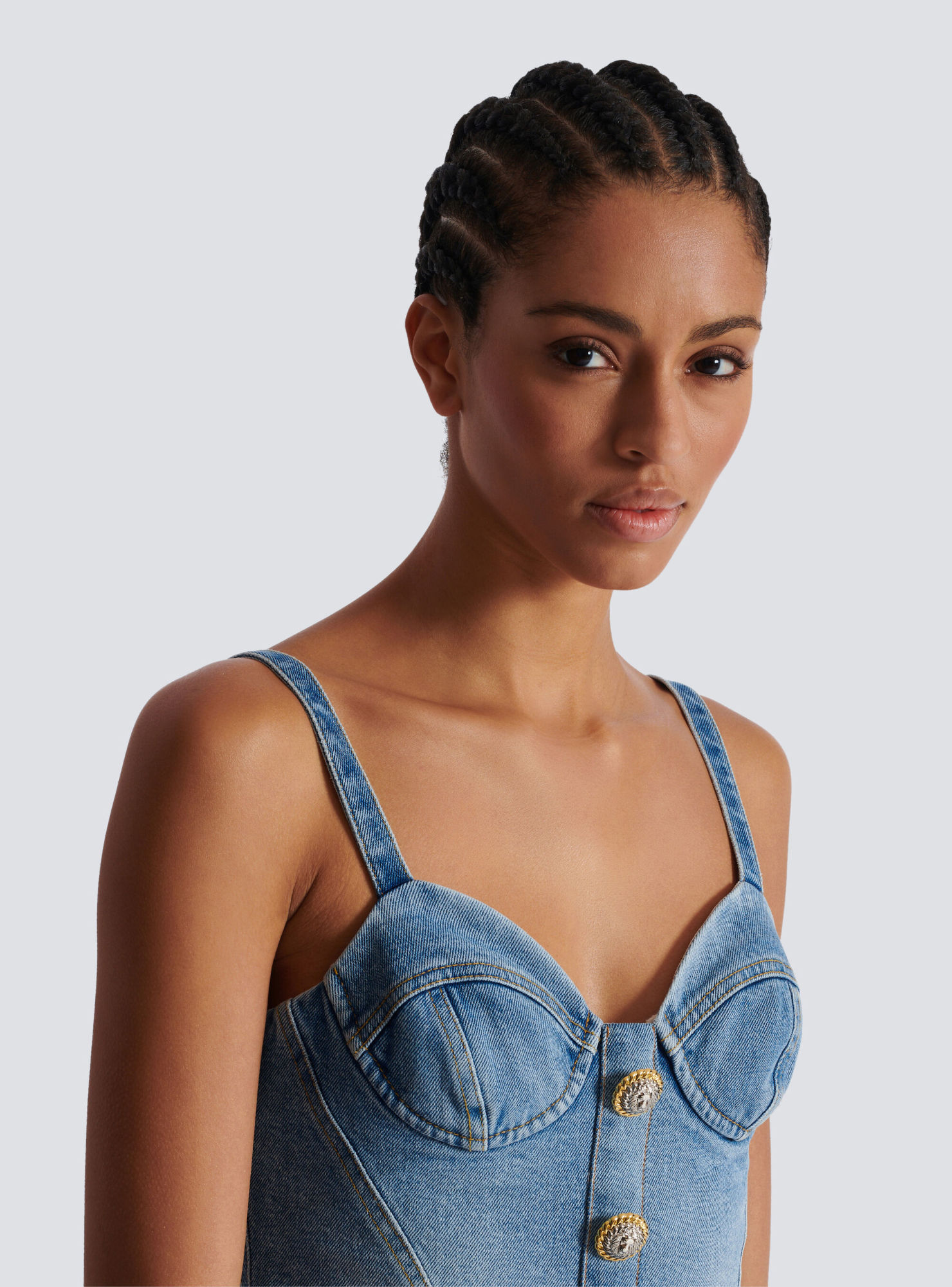 Balmain Button-embellished Denim Bustier Top In Blue