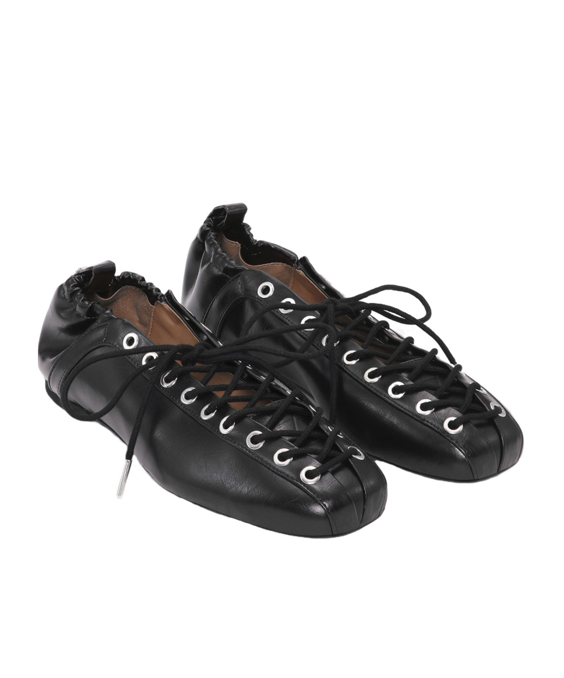 Ganni Black Lace-up Ballerinas With Metal Eyelets And Elasticized Ankle In Eco-leather Woman In Black