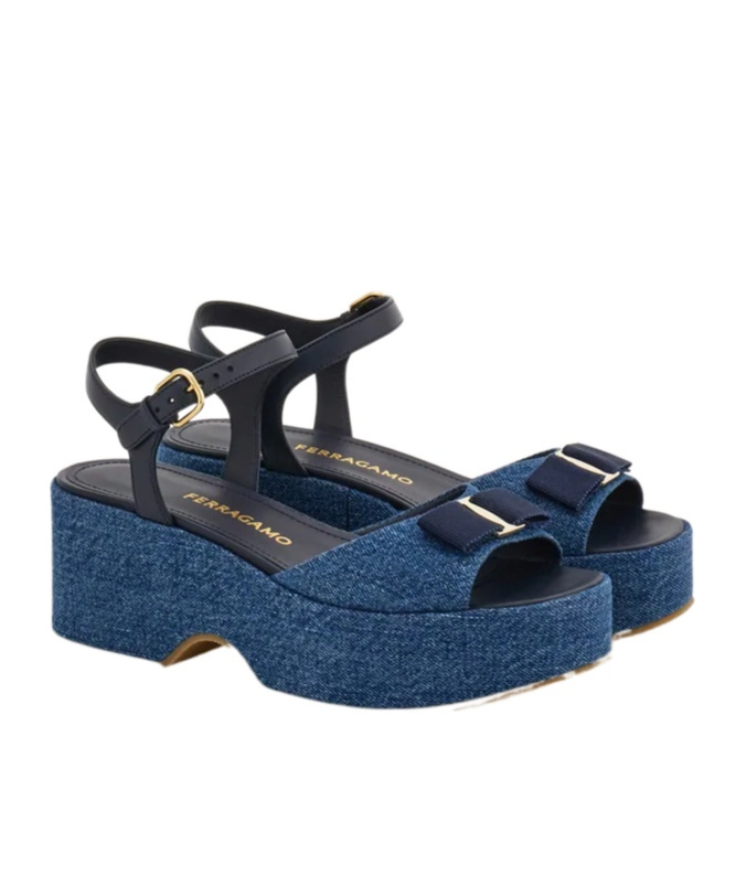 Ferragamo Iconic Bow Platform Sandal In Blue