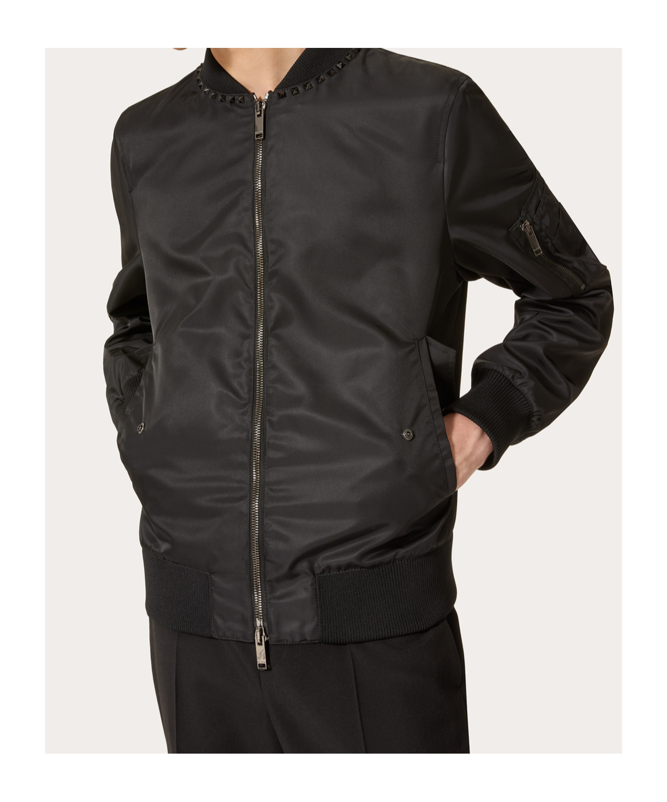 Valentino Nylon Bomber Jacket With Black Untitled Studs On The Neckline In Black