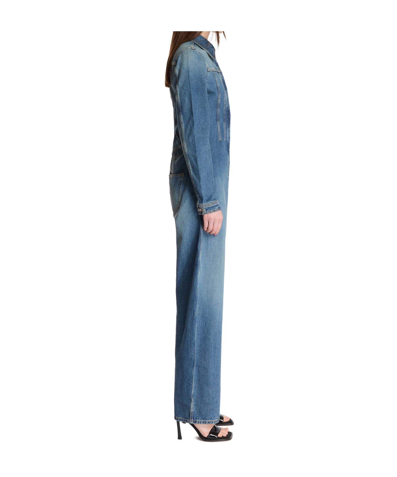 Alaïa Long-sleeve Barrel Wide-leg Denim Jumpsuit In Blue