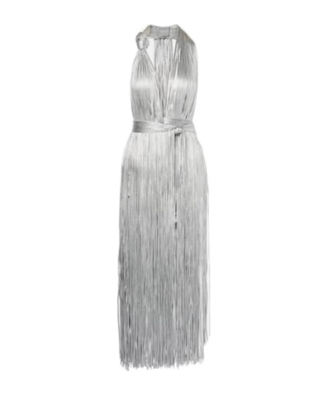 Area Fringed Metallic-effect Jersey Gown In Silver