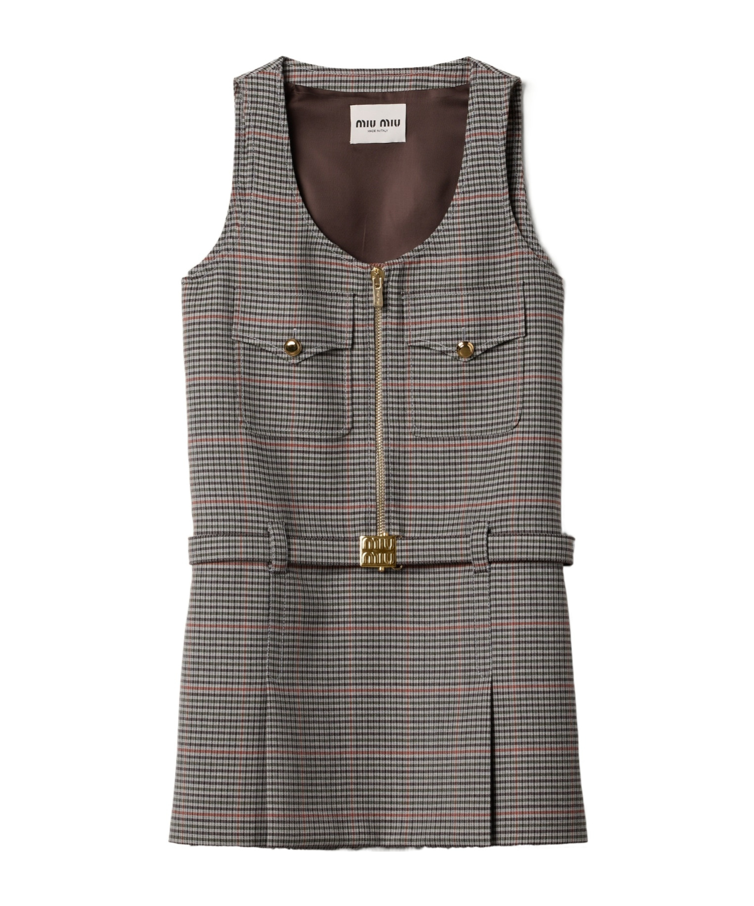 Miu Miu Checked Sleeveless Wool Dress In Gray