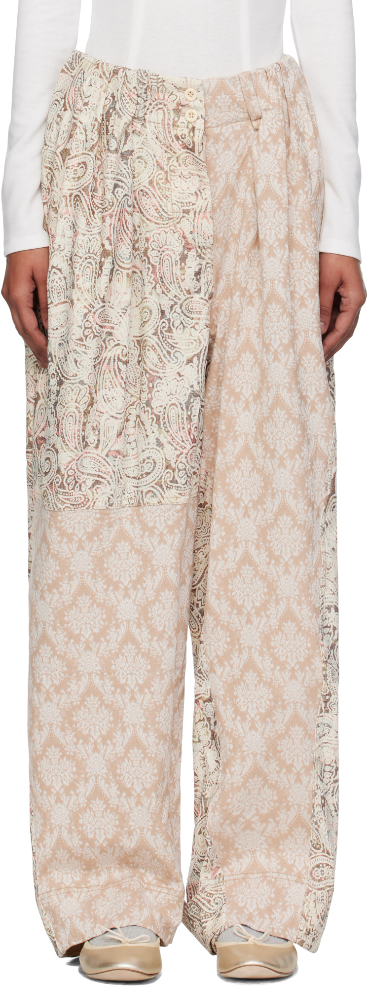 Open Yy Paisley Pleated Trousers In Neutral