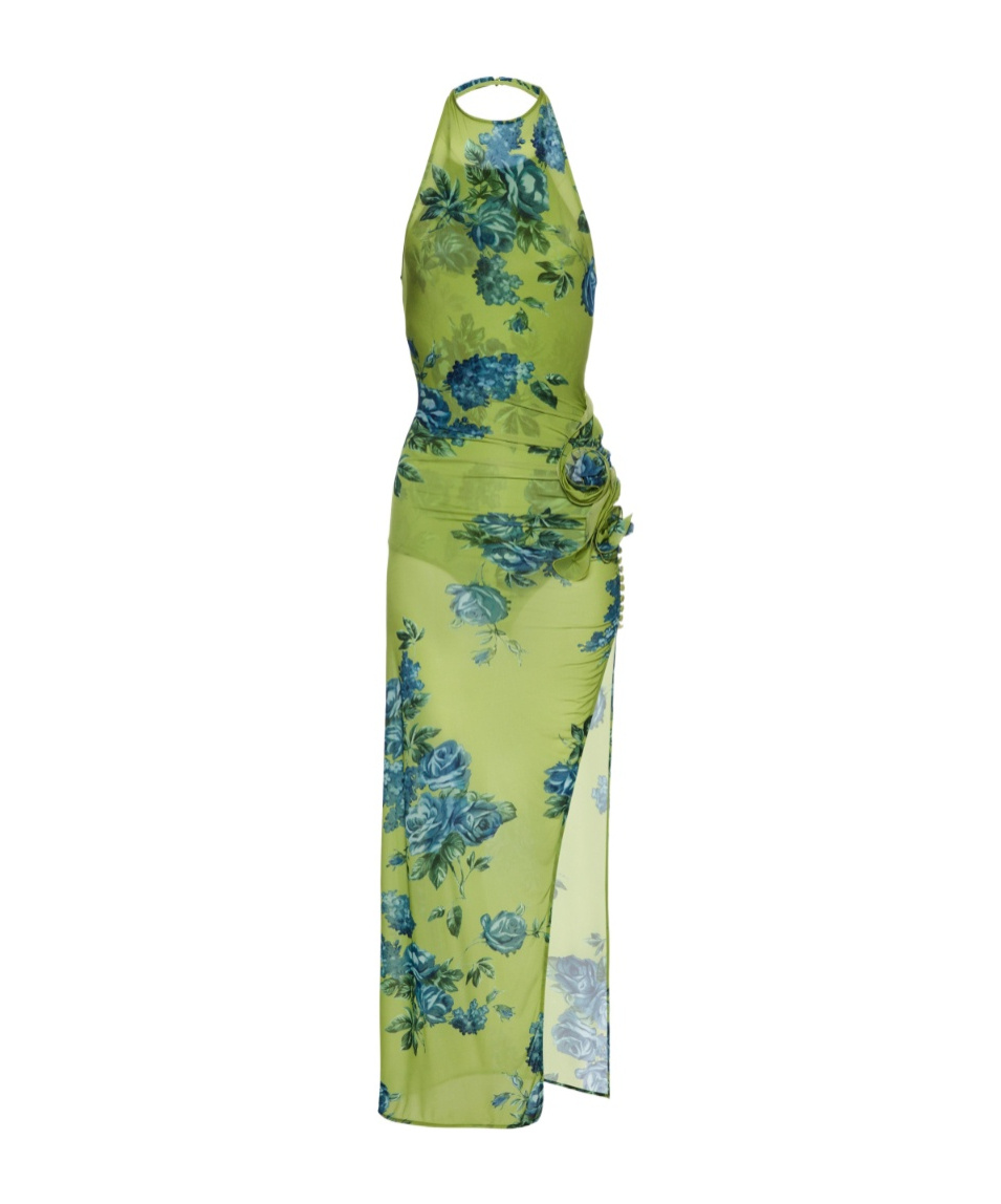 Magda Butrym High-neck Floral Applique Midi Dress In Green Print In Green