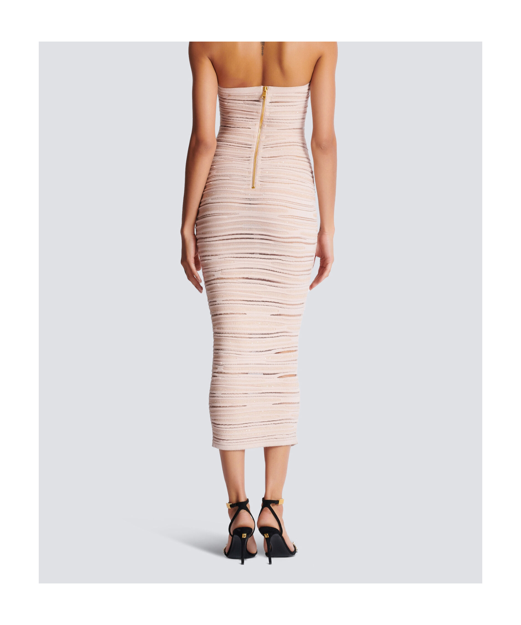 Balmain Strapless Sequin-embellished Open-knit Midi Dress In Nude