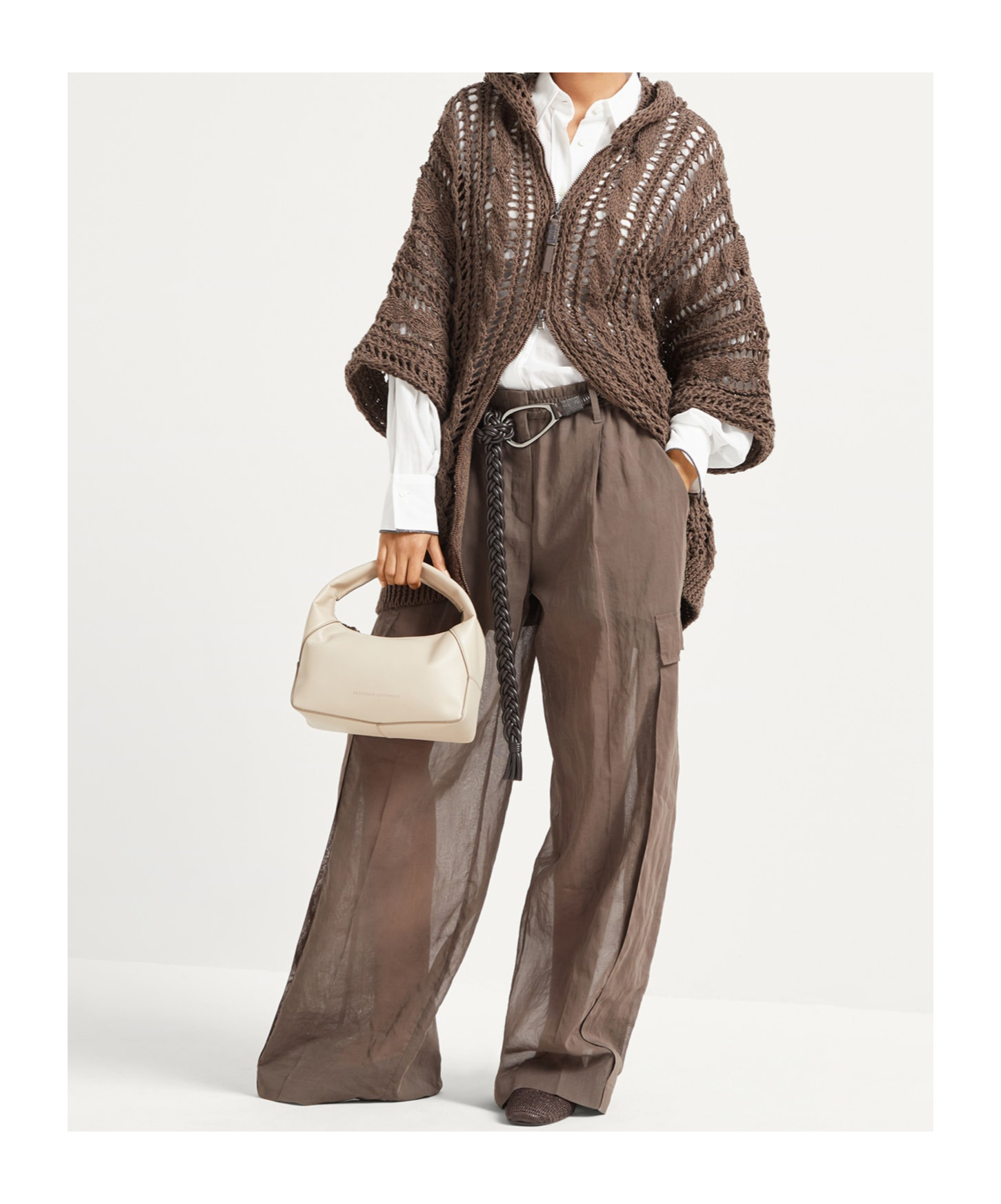 Brunello Cucinelli Knitwear Hooded Open-knit Cardigan Short Sleeves In Brown