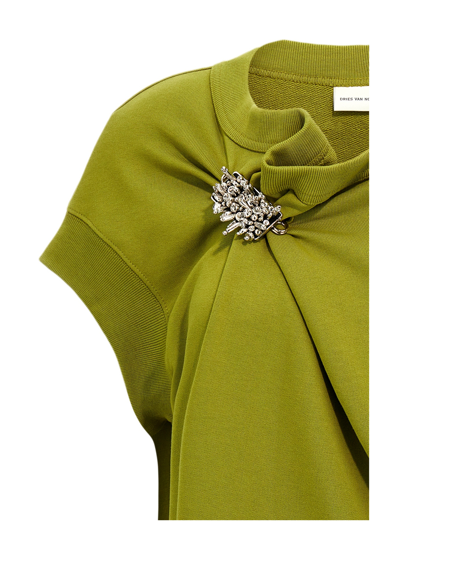 Dries Van Noten 'cap Sleeves Draped Embellished Trim Sweatshirt' In Green