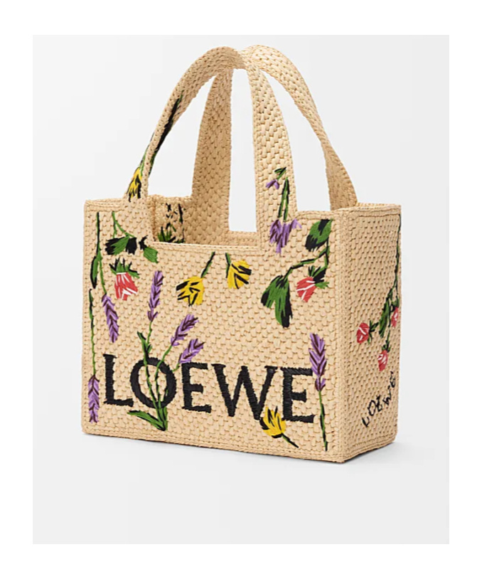 Loewe Font Flowers Small Raffia Tote Bag In Nude