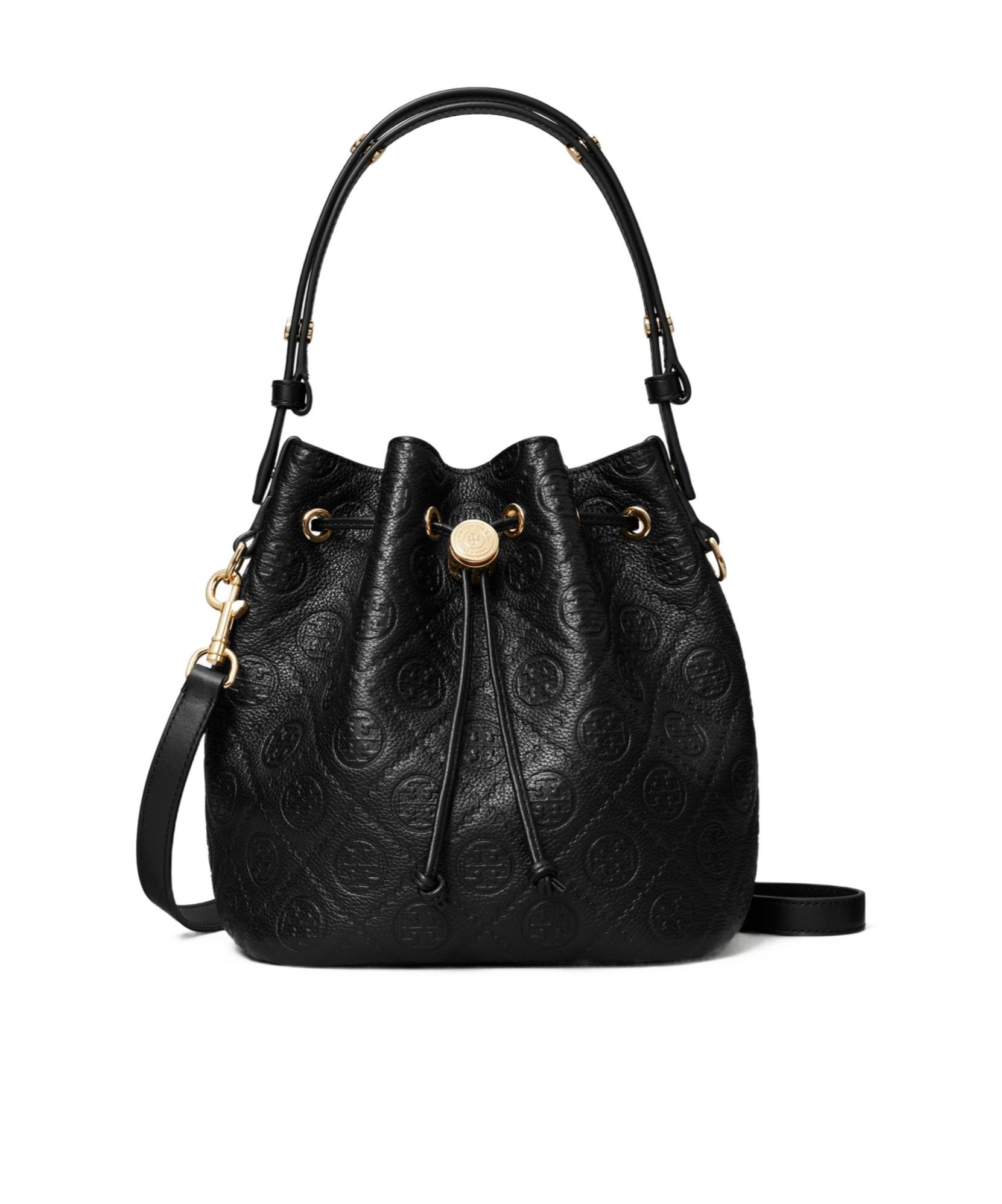 Tory Burch Mini T Monogram Pebble Leather Bucket Bag In Black